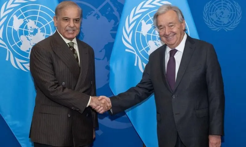 Prime Minister Muhammad Shehbaz Sharif met with the Secretary-General of the United Nations, Mr. António Guterres, on the sidelines of the 81st session of the United Nations General Assembly in New York on Friday, Sep 25. --@Govtof pak/X Prime Minister Muhammad Shehbaz Sharif met with the Secretary-General of the United Nations, Mr. António Guterres, on the sidelines of the 81st session of the United Nations General Assembly in New York on Friday, Sep 25. --@Govtof pak/X