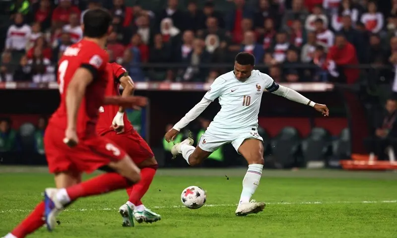 France's Kylian Mbappe shoots to score against Turkiye during their UEFA Nations League (League A, Group 1) first-leg match at the Kocaeli Stadium in Izmit, Turkiye, on September 25, 2026. &mdash;AFP