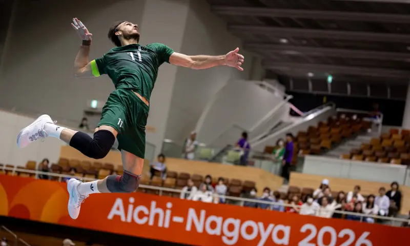 Pakistan's Murad Khan in action during the Asian Games volleyball Pool 'A' match against Kazakhstan at the Okazaki Chuo Sogo Park Gymnasium in Aichi, Japan on September 27, 2026.--Courtesy Asian Volleyball Confederation Pakistan's Murad Khan in action during the Asian Games volleyball Pool 'A' match against Kazakhstan at the Okazaki Chuo Sogo Park Gymnasium in Aichi, Japan on September 27, 2026.--Courtesy Asian Volleyball Confederation
