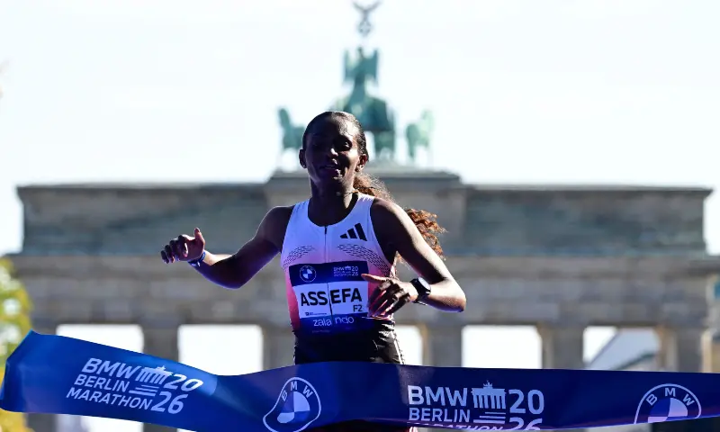 Ethiopia's Tigst Assefa crosses the finish line to win the women's race of 52nd Berlin Marathon in Berlin, Germany on September 27, 2026.--AFP Ethiopia's Tigst Assefa crosses the finish line to win the women's race of 52nd Berlin Marathon in Berlin, Germany on September 27, 2026.--AFP