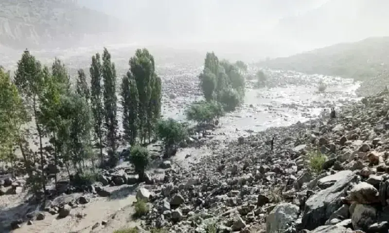 A view of Badsuwat area after being hit by a glacial lake outburst flood. &mdash; Dawn/File