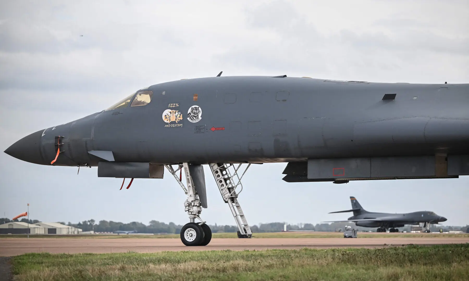 A US Air Force B-1 Lancer bomber is pictured on the tarmac at RAF Fairford base in Fairford, south-west England on Sept 27, 2026, as UK counter-terrorism police investigate an incident near the base in the village of Whelford. &mdash; AFP