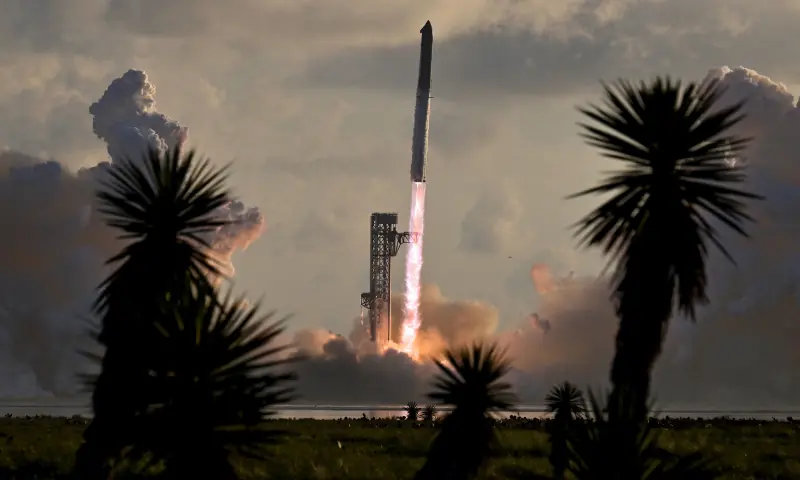 The SpaceX Starship and Super Heavy v3 Booster lift off on its 14h test flight from the SpaceX launch complex in Starbase, Texas, US, on September 28, 2026. The mission is expected to send the vehicle into orbit for the first time and deploy 26 Starlink V3 satellites. &mdash; Reuters
