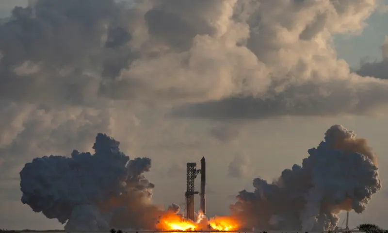 The SpaceX Starship and Super Heavy v3 Booster lift off on its 14h test flight from the SpaceX launch complex in Starbase, Texas, US, on September 28, 2026. The mission is expected to send the vehicle into orbit for the first time and deploy 26 Starlink V3 satellites. &mdash; Reuters