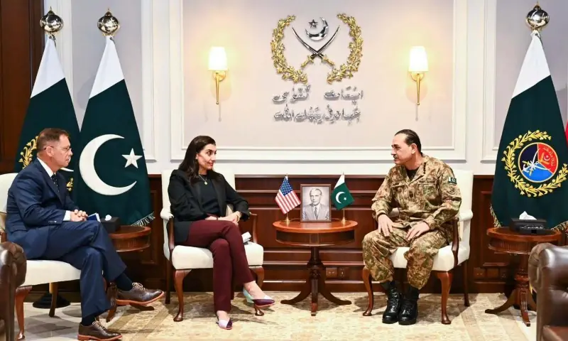 CDF Asim Munir meets with delegates of the US' Afghanistan War Commission, Shamila Chaudhary and Dr Colin F Jackson, at General Headquarters in Rawalpindi on Sept 28. — Photo by ISPR CDF Asim Munir meets with delegates of the US' Afghanistan War Commission, Shamila Chaudhary and Dr Colin F Jackson, at General Headquarters in Rawalpindi on Sept 28. — Photo by ISPR