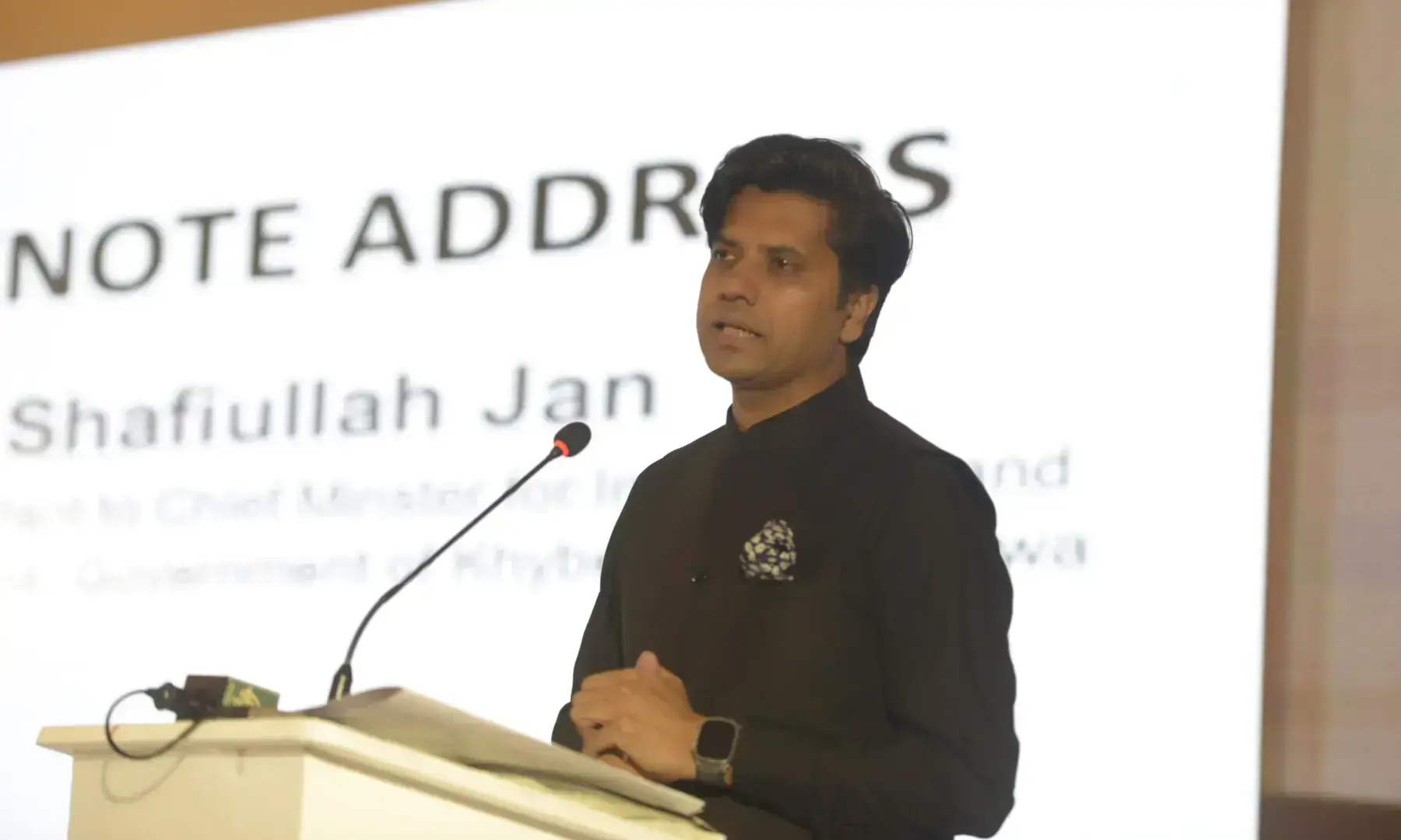 Special Assistant to KP CM for Information Shafiullah Jan speaks at Breathe Pakistan conference in Islamabad on May 7, 2026. &mdash; White Star/ Tanveer Shahzad/File