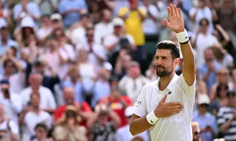 Serbia's Novak Djokovic celebrates beating Russia's Roman Safiullin during their men's singles round of 16 tennis match on the seventh day of the 2026 Wimbledon Championships at The All England Lawn Tennis and Croquet Club in Wimbledon, southwest London, on July 5, 2026. — AFP Serbia's Novak Djokovic celebrates beating Russia's Roman Safiullin during their men's singles round of 16 tennis match on the seventh day of the 2026 Wimbledon Championships at The All England Lawn Tennis and Croquet Club in Wimbledon, southwest London, on July 5, 2026. — AFP