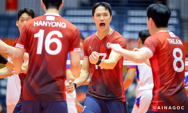 South Korea's men's volleyball team during their opening match against the Philippines in the Asian Games at Park Arena Komaki in Komaki, Japan, on Sept 27, 2026.--Courtesy AINAGOC South Korea's men's volleyball team during their opening match against the Philippines in the Asian Games at Park Arena Komaki in Komaki, Japan, on Sept 27, 2026.--Courtesy AINAGOC