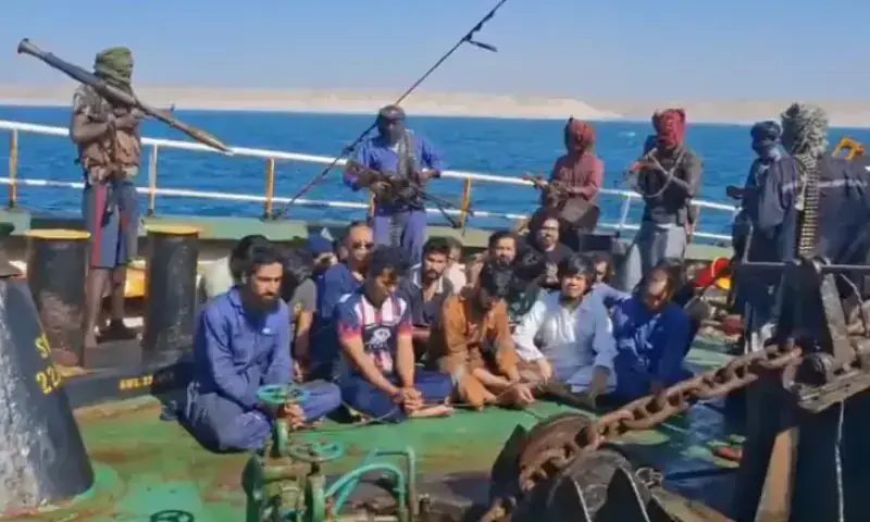 Crew members of an oil tanker hijacked by Somali pirates in April, in a video taken on June 12. — screengrab from video via Shazia Hasan Crew members of an oil tanker hijacked by Somali pirates in April, in a video taken on June 12. — screengrab from video via Shazia Hasan