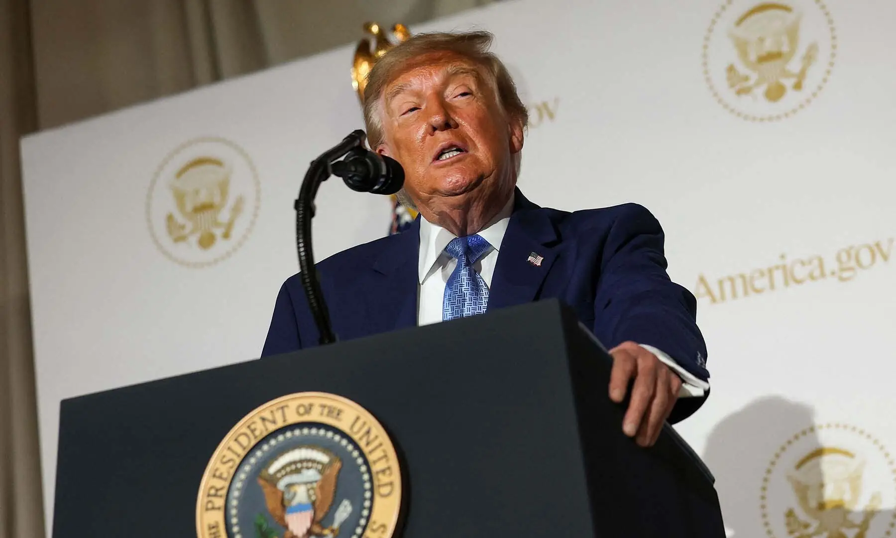 US President Donald Trump speaks during the America.gov launch event at the Andrew W. Mellon Auditorium in Washington, DC, the US on September 29, 2026. &mdash; AFP