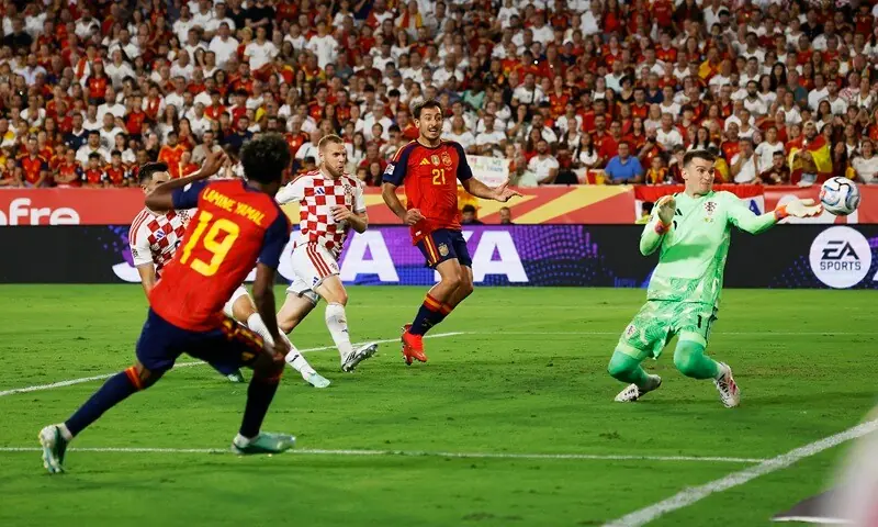 Spain's Lamine Yamal scores past Croatia goalkeeper Dominik Livakovic during their UEFA Nations League Group A3 match at the Ramon Sanchez Pizjuan Stadium in Seville, Spain, on September 29, 2026. —Reuters Spain's Lamine Yamal scores past Croatia goalkeeper Dominik Livakovic during their UEFA Nations League Group A3 match at the Ramon Sanchez Pizjuan Stadium in Seville, Spain, on September 29, 2026. —Reuters