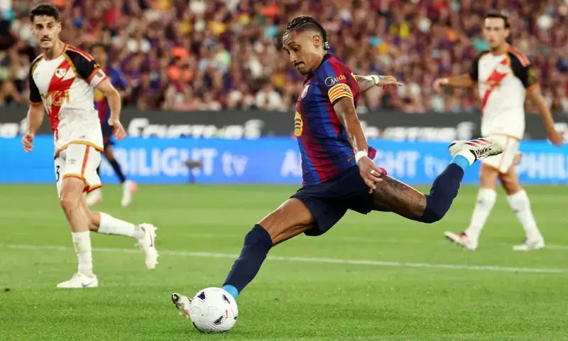 BARCELONA’S Raphinha shoots to score against Rayo Vallecano during their La Liga match at Camp Nou on September 1, 2026.—AFP BARCELONA’S Raphinha shoots to score against Rayo Vallecano during their La Liga match at Camp Nou on September 1, 2026.—AFP