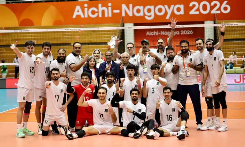 The Pakistan Volleyball team poses for a celebratory photo after defeating India 3-0 in the men's volleyball quarter-final in the Asian Games, at the Okazaki Chuo Sogo Park Gymnasium on Thursday, October 1, 2026.--Courtesy Pakistan Olympic Association. The Pakistan Volleyball team poses for a celebratory photo after defeating India 3-0 in the men's volleyball quarter-final in the Asian Games, at the Okazaki Chuo Sogo Park Gymnasium on Thursday, October 1, 2026.--Courtesy Pakistan Olympic Association.