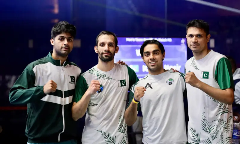 Pakistan players pose for a photo following their win over Hong Kong in the men’s team squash semi-final at Nagoya Kinjo Futo Arena in Nagoya, Japan on October 1, 2026.—Courtesy POA Pakistan players pose for a photo following their win over Hong Kong in the men’s team squash semi-final at Nagoya Kinjo Futo Arena in Nagoya, Japan on October 1, 2026.—Courtesy POA
