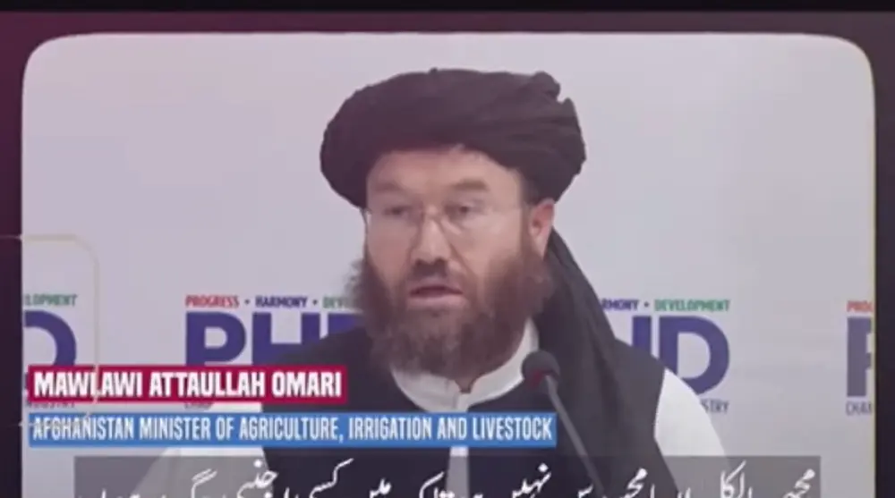 A soundbite by Afghan Agriculture Minister Mawlawi Attaullah Omari is played during a press conference held by Inter-Services Public Relations Director General Lt Gen Ahmed Sharif Chaudhry on Oct 1, 2026. — DawnNewsTV