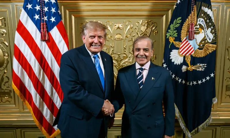 Prime Minister Shehbaz Sharif and US President Donald Trump shake hands in a meeting that took place during the premier's visit to New York in September 2026. &mdash; photo courtesy: PID