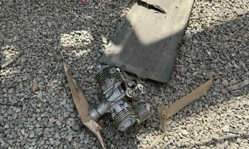 Image shows drone wreckage after the attack. &mdash; Saudi Gazette
