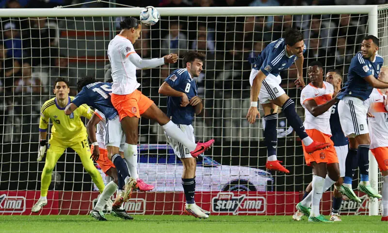 THESSALONIKI: Virgil van Dijk of the Netherlands heads to score during the Nations League Group ‘A2’ match against Greece at the Toumba Stadium.—Reuters THESSALONIKI: Virgil van Dijk of the Netherlands heads to score during the Nations League Group ‘A2’ match against Greece at the Toumba Stadium.—Reuters