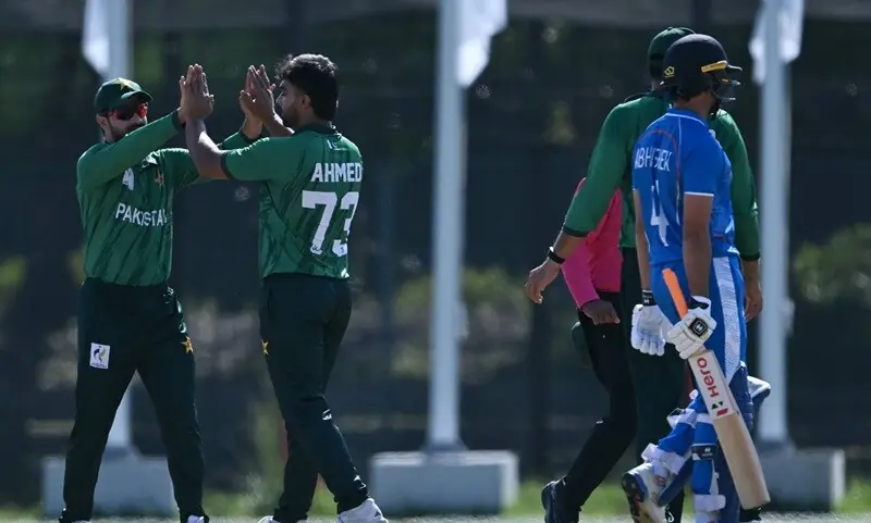 Pakistan's players celebrate the dismissal of India's Sanju Vishwanadh (not pictured) as India's Abhishek Sharma (R) reacts during the men's cricket final match between Pakistan and India during the 2026 Asian Games at the Korogi Athletic Park in Nisshin on October 3, 2026. Pakistan's players celebrate the dismissal of India's Sanju Vishwanadh (not pictured) as India's Abhishek Sharma (R) reacts during the men's cricket final match between Pakistan and India during the 2026 Asian Games at the Korogi Athletic Park in Nisshin on October 3, 2026.