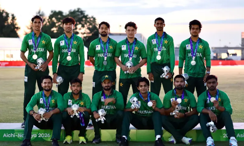 Pakistan players pose with their Asian Games silver medals after the final against India at the Korogi Athletic Park in Nisshin, Japan on October 3, 2026. - Courtesy POA