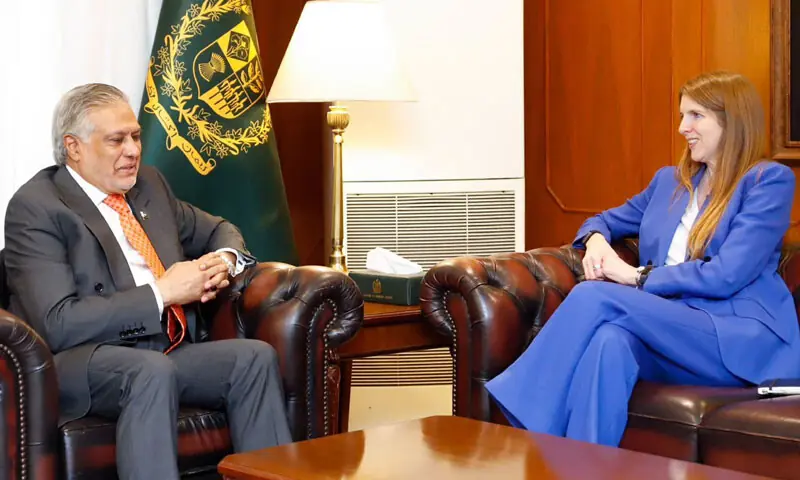 DEPUTY PM Ishaq Dar and British High Commissioner Jane Marriott discuss bilateral ties and regional developments.&mdash;Online