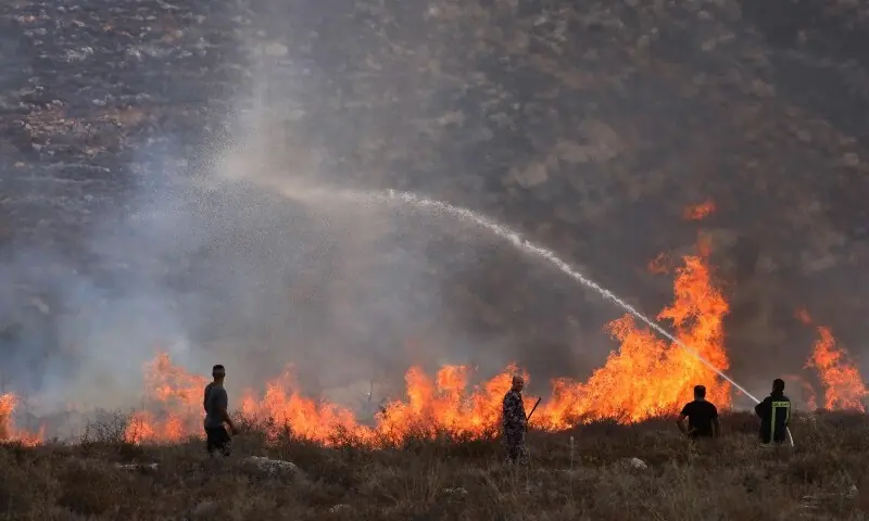 Local Palestinian farmers and firefighters try to extinguish fires on their land after Israel&rsquo;s army soldiers fired tear gas at them as they harvested their olives, resulting in the dry fields catching fire, in the village of Asira al-Qibliya, south of the Israeli-occupied city of Nablus, on October 3, 2026. &mdash;AFP