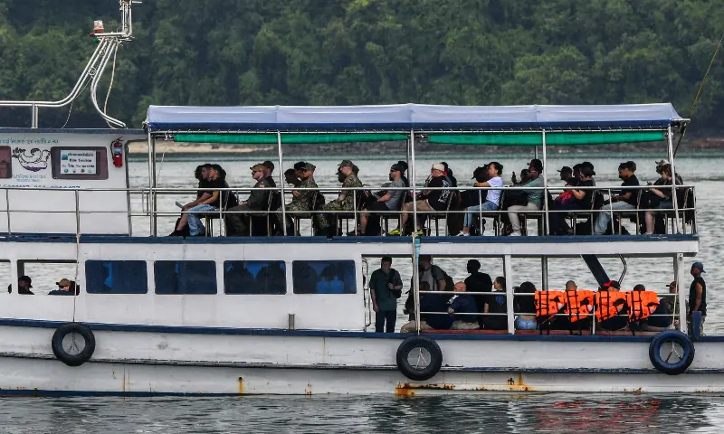 Marines from the USS George H.W. Bush ride on a ferry from Phuket Deep Sea Port to a pier during a rest stop following a long deployment in the Middle East, in Phuket, Thailand on October 4, 2026. &mdash; Reuters