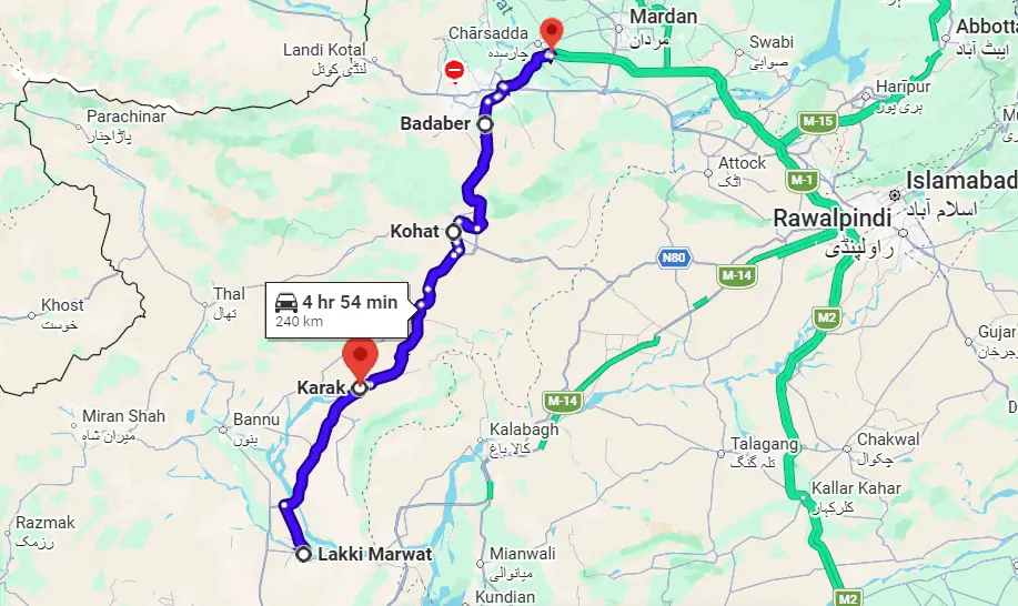 This screengrab from Google Maps shows the planned route of the PTI convoy from Lakki Marwat to Charsadda Interchange, where it is scheduled to reach on Oct 8. This screengrab from Google Maps shows the planned route of the PTI convoy from Lakki Marwat to Charsadda Interchange, where it is scheduled to reach on Oct 8.