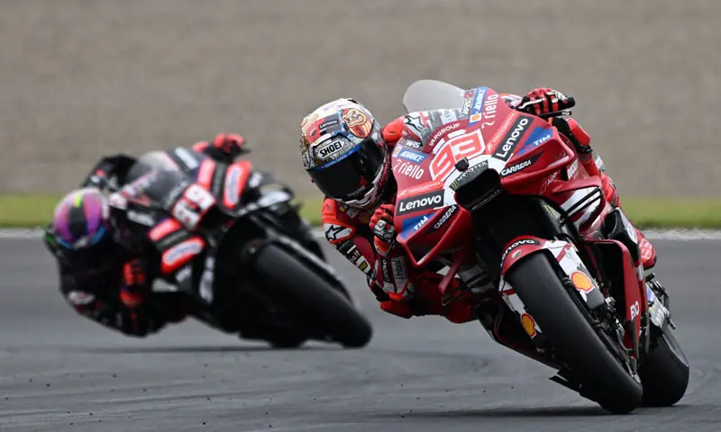 MOTEGI: Ducati Lenovo Team’s Marc Marquez of Spain rides ahead of compatriot Jorge Martin of Aprilia Racing during the MotoGP Japanese Grand Prix at the Mobility Resort Motegi on Sunday.—AFP MOTEGI: Ducati Lenovo Team’s Marc Marquez of Spain rides ahead of compatriot Jorge Martin of Aprilia Racing during the MotoGP Japanese Grand Prix at the Mobility Resort Motegi on Sunday.—AFP