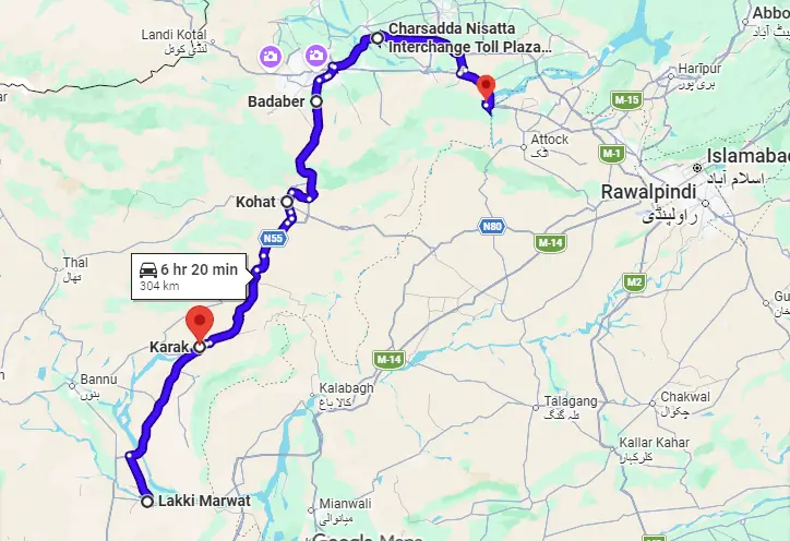 This screengrab from Google Maps shows the planned route of the PTI convoy from Lakki Marwat to Khairabad, where it is scheduled to reach on Oct 8.