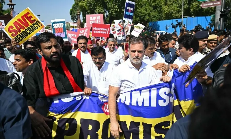 Indian National Congress (INC) party leader Rahul Gandhi (centre R) takes part in a protest march by the opposition alliance INDIA bloc (Indian National Developmental Inclusive Alliance) in New Delhi on October 6, 2026. —AFP Indian National Congress (INC) party leader Rahul Gandhi (centre R) takes part in a protest march by the opposition alliance INDIA bloc (Indian National Developmental Inclusive Alliance) in New Delhi on October 6, 2026. —AFP