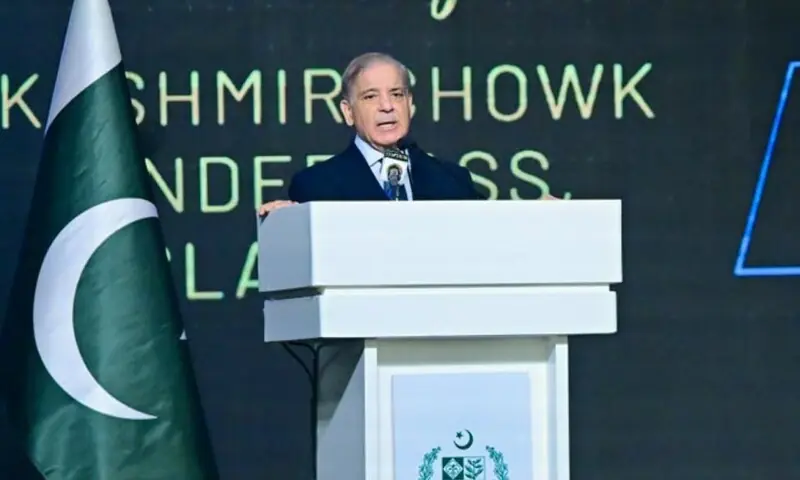 Prime Minister Shehbaz Sharif addresses the groundbreaking ceremony of the Kashmir Chowk underpass in Islamabad. &mdash; PID