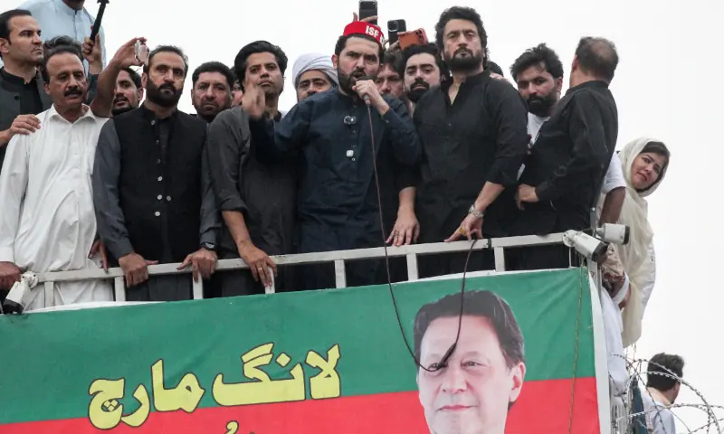 Khyber Pakhtunkhwa Chief Minister Muhammad Sohail Afridi (C) addresses a protest march organised by the PTI party in Kohat district of Khyber Pakhtunkhwa, Pakistan, on October 6, 2026. — AFP Khyber Pakhtunkhwa Chief Minister Muhammad Sohail Afridi (C) addresses a protest march organised by the PTI party in Kohat district of Khyber Pakhtunkhwa, Pakistan, on October 6, 2026. — AFP