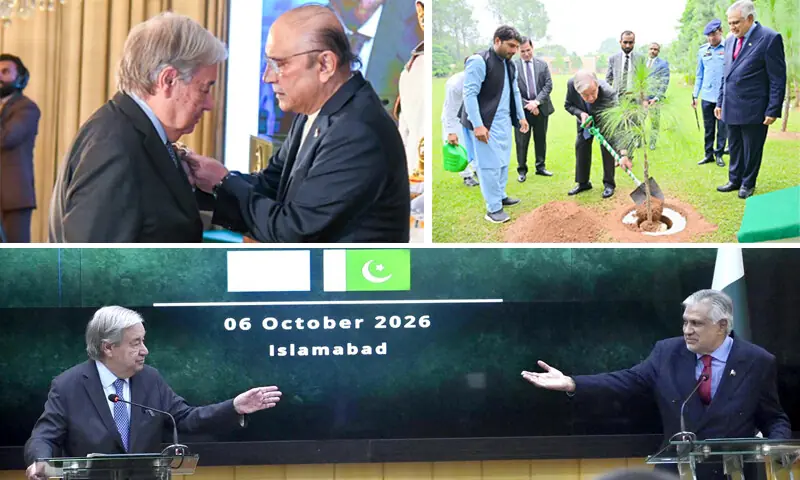 (CLOCKWISE from top left) President Asif Zardari confers the Nishan-i-Imtiaz on UN chief Antonio Guterres during a ceremony at Aiwan-i-Sadr; the visiting dignitary plants a ceremonial tree at the Foreign Office; and, Foreign Minister Ishaq Dar gestures towards the UN secretary general during their joint presser.—White Star (CLOCKWISE from top left) President Asif Zardari confers the Nishan-i-Imtiaz on UN chief Antonio Guterres during a ceremony at Aiwan-i-Sadr; the visiting dignitary plants a ceremonial tree at the Foreign Office; and, Foreign Minister Ishaq Dar gestures towards the UN secretary general during their joint presser.—White Star