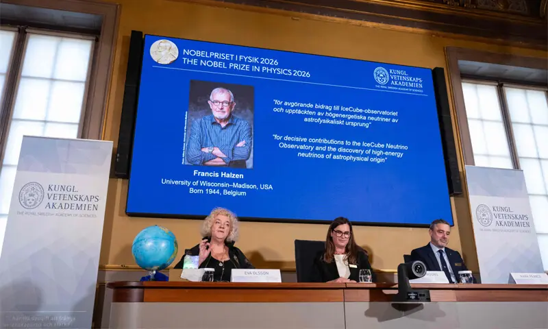 A screen displays Francis Halzen, laureate of the Nobel Prize in Physics, during a press conference at the Royal Swedish Academy of Sciences in Stockholm.—AFP A screen displays Francis Halzen, laureate of the Nobel Prize in Physics, during a press conference at the Royal Swedish Academy of Sciences in Stockholm.—AFP