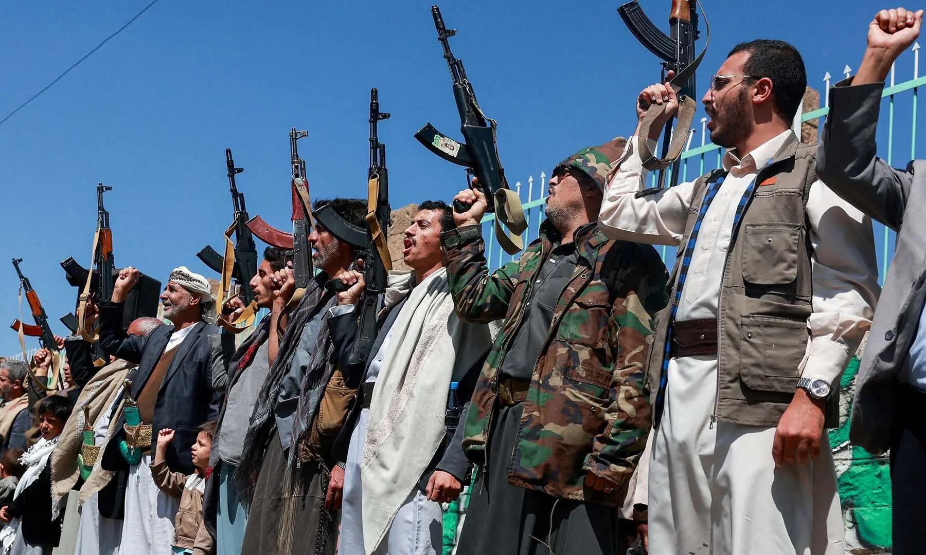 Houthi supporters carry weapons as they gather in solidarity with the movement as fighting intensifies across several fronts, in Sanaa, Yemen on October 7, 2026. &mdash; Reuters