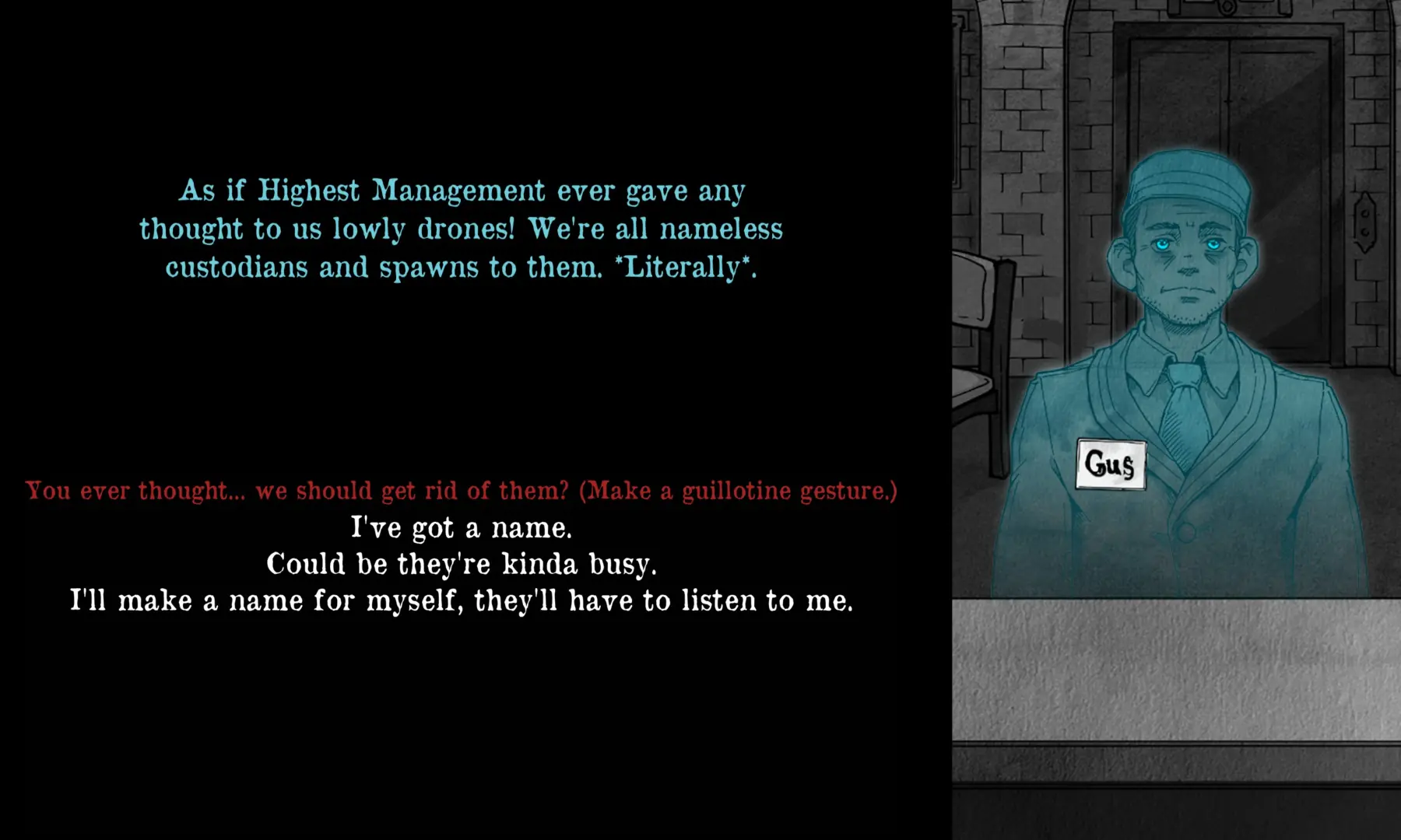 Chatting with Gus the janitor. — screengrab via author