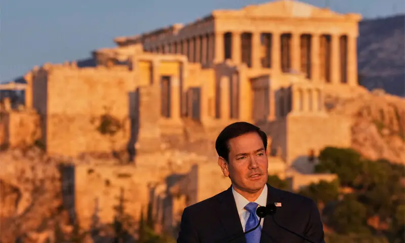 US Secretary of State Marco Rubio speaks at the Pnyx hill, where ancient Athenians held democratic assemblies. In the background is the ancient Parthenon temple, atop the Acropolis&mdash;Reuters