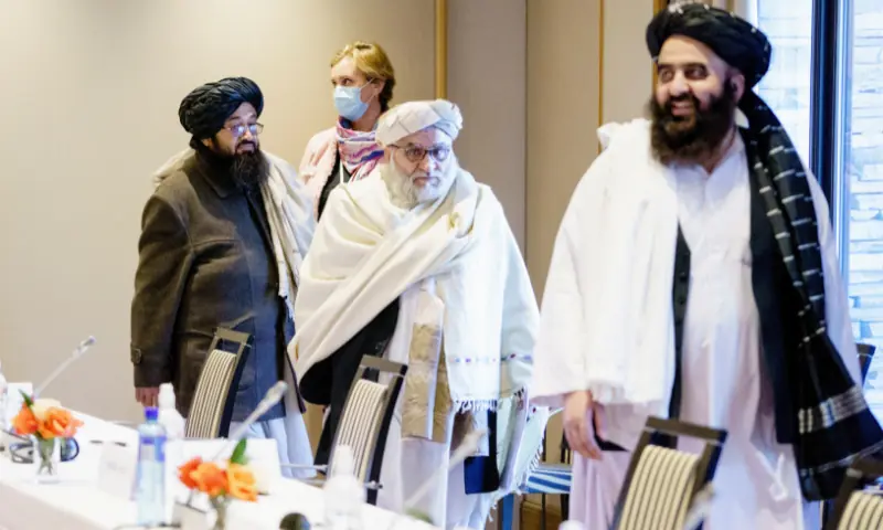 Representatives of the Taliban Sakhaullah Sayed, Mutiul Haq Nabi Kheel and Amir Khan Muttaqi walk as they meet with Norwegian officials at the Soria Moria hotel in Oslo, Norway in this Jan 25, 2022 file photo. &mdash;Reuters/File