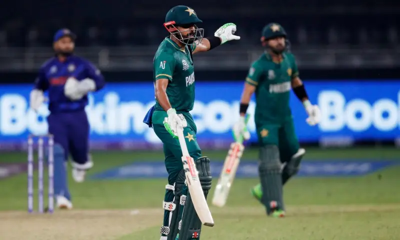 Pakistan's Babar Azam during his unbeaten partnership with Mohammad Rizwan during the T20 World Cup Group stage clash against India at the Dubai International Stadium on October 24, 2021.--Reuters Pakistan's Babar Azam during his unbeaten partnership with Mohammad Rizwan during the T20 World Cup Group stage clash against India at the Dubai International Stadium on October 24, 2021.--Reuters