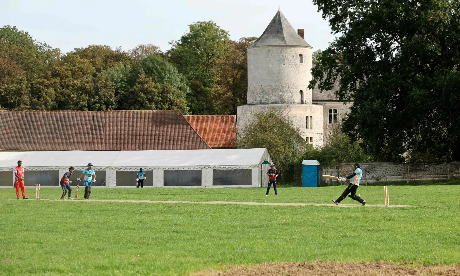 A Brussels' player plays a shot during the international cricket match between Brussels and Arras as part of the 11th edition of the Liettres Challenge 1478, in Liettres on October 3, 2026. --AFP