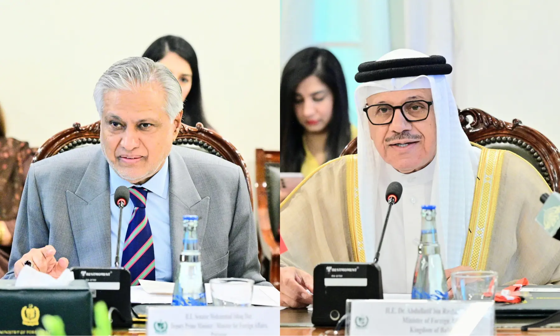 This photo combo shows Deputy Prime Minister and Foreign Minister Ishaq Dar and Bahrain's FM Abdullatif bin Rashid Al Zayani at the third session of Pakistan-Bahrain Joint Ministerial Commission in Islamabad on Oct 8, 2026. — screengrab via PTV News This photo combo shows Deputy Prime Minister and Foreign Minister Ishaq Dar and Bahrain's FM Abdullatif bin Rashid Al Zayani at the third session of Pakistan-Bahrain Joint Ministerial Commission in Islamabad on Oct 8, 2026. — screengrab via PTV News