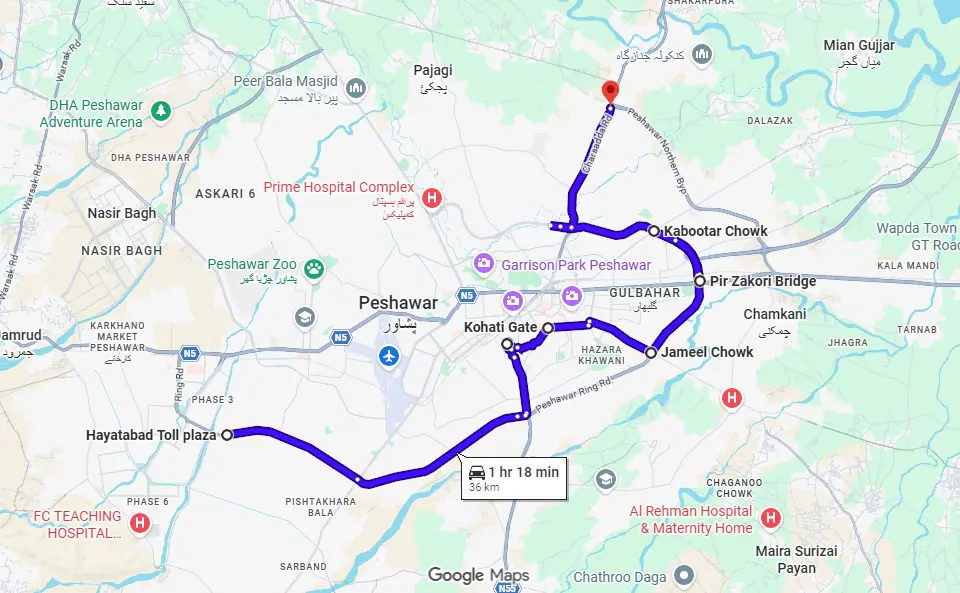  This screengrab from Google Maps shows the locations along the route specified by PTI for its journey in Peshawar on Oct 8, 2026. 