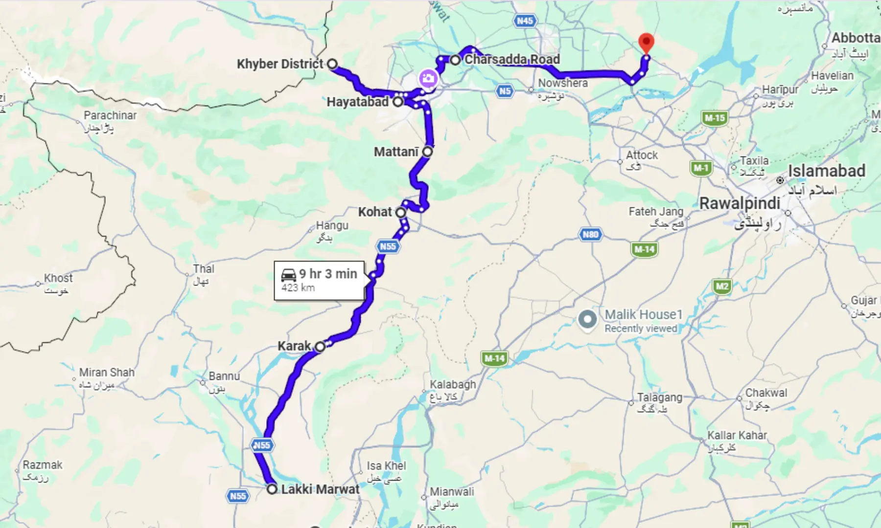  This screengrab from Google Maps shows the approximate route taken by the PTI convoy during its journey from Lakki Marwat to Peshawar, along with the next tentative stop of Swabi. 