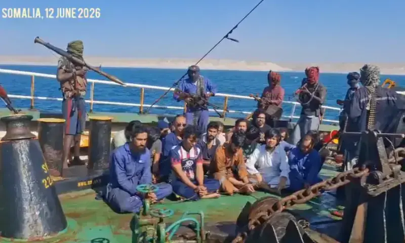 Crew members of an oil tanker hijacked by Somali pirates in April, in a video taken on June 12. — screengrab from video via Shazia Hasan/File Crew members of an oil tanker hijacked by Somali pirates in April, in a video taken on June 12. — screengrab from video via Shazia Hasan/File