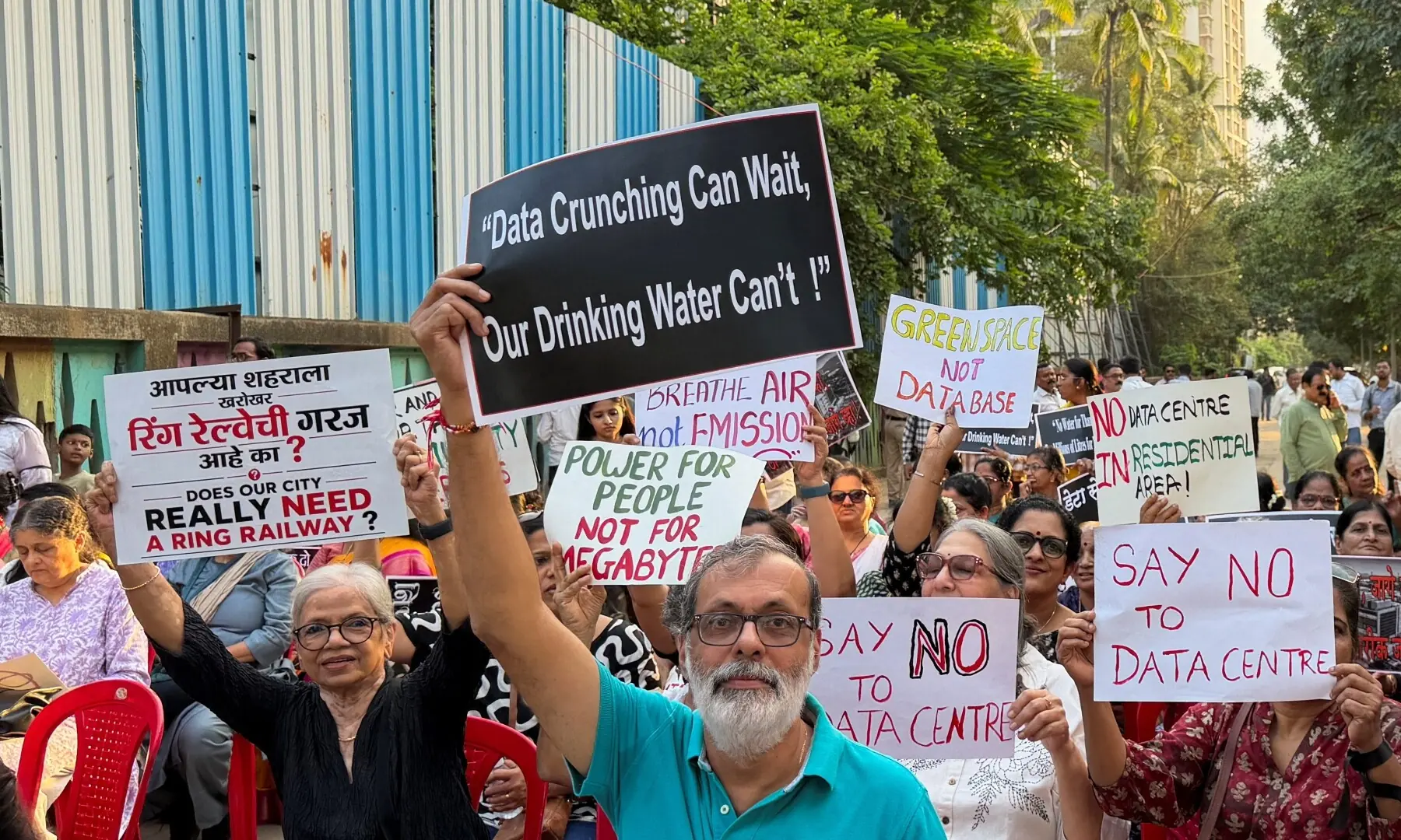 Residents hold placards during a protest against Amazon's planned data centre, in Thane, on the outskirts of Mumbai, India on September 8, 2026. —Reuters/File Residents hold placards during a protest against Amazon's planned data centre, in Thane, on the outskirts of Mumbai, India on September 8, 2026. —Reuters/File