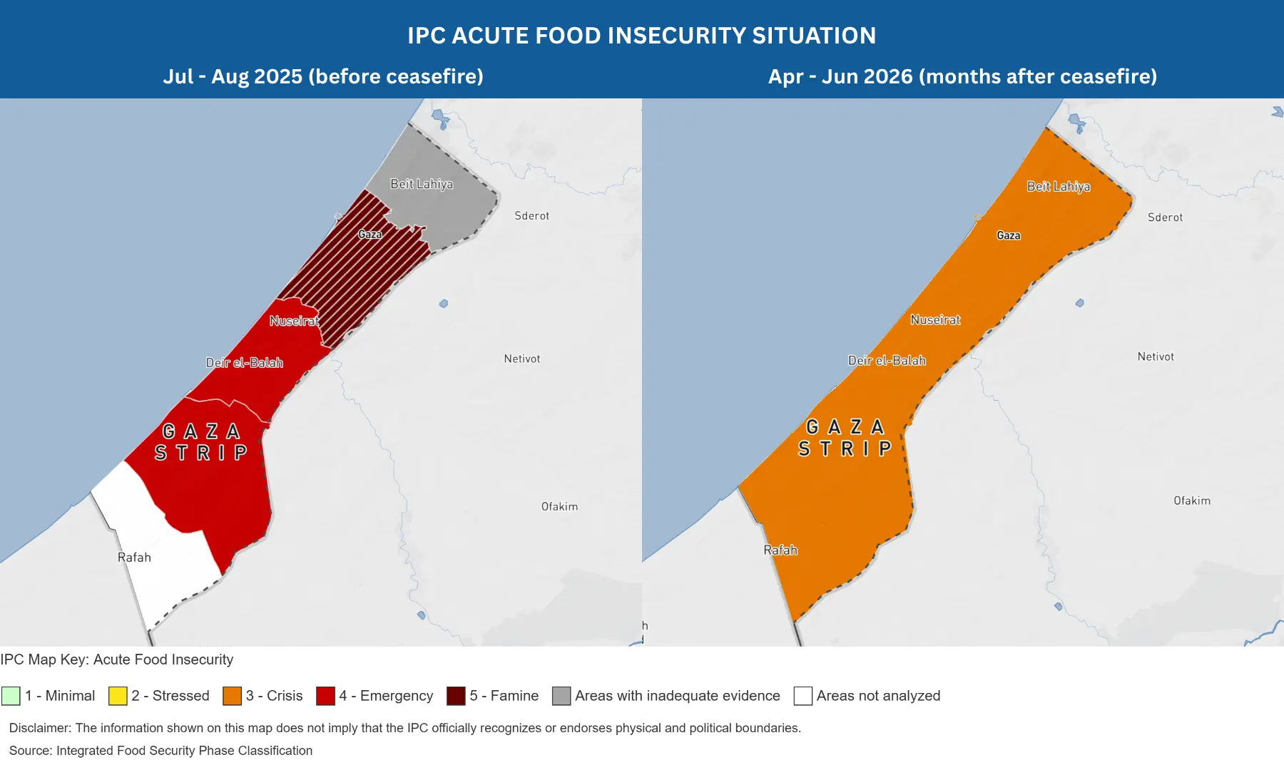 This collage shows maps by the IPC for its reports on Gaza strip covering the July-August 2025 period (L) and April-June 2026 period (R). 