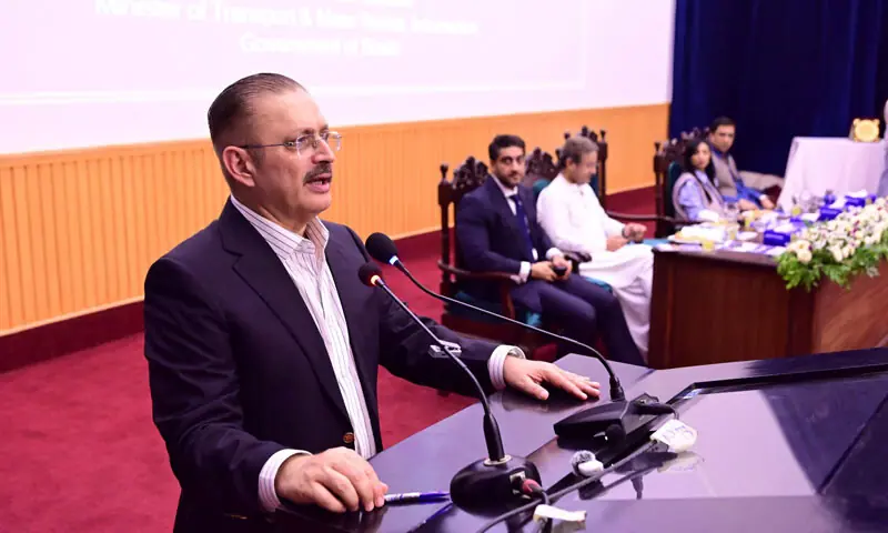 Sindh Senior Minister Sharjeel Inam Memon speaks at the ceremony.—Dawn Sindh Senior Minister Sharjeel Inam Memon speaks at the ceremony.—Dawn