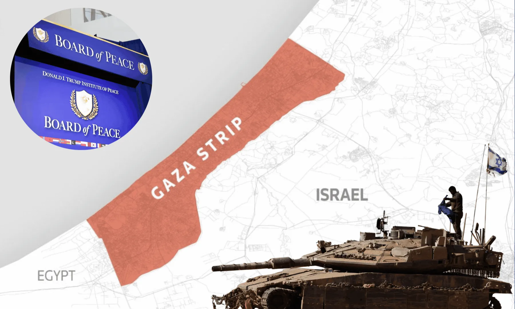 Made with pictures of an Israeli tank on Israeli side of the Gaza border on Aug 20, 2025, Board of Peace meeting on Feb 19, 2026 and a map of Gaza. &mdash; via Reuters