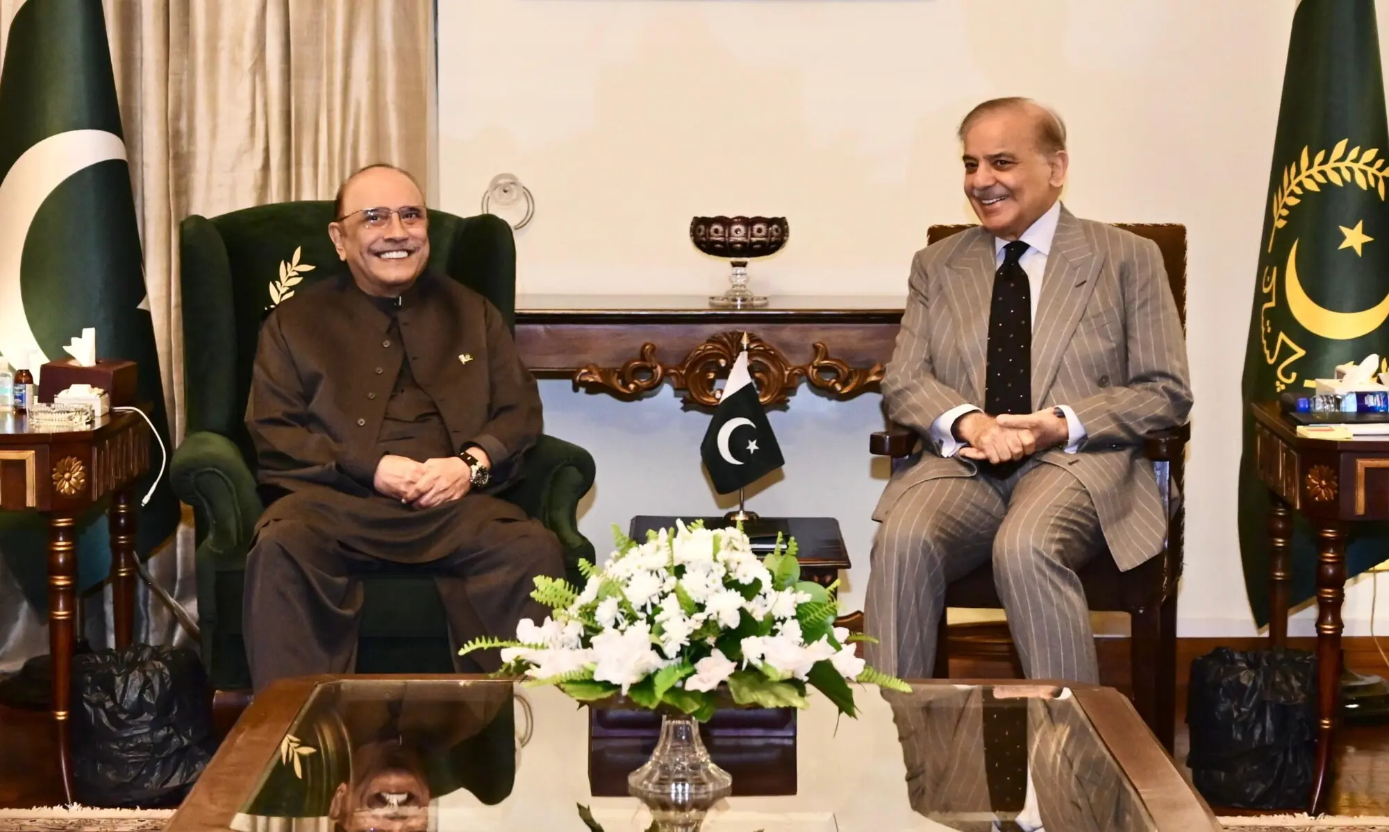 Prime Minister Shehbaz Sharif (right) called on President Asif Ali Zardari on Saturday at the President's House. &mdash; Photo courtesy PPP